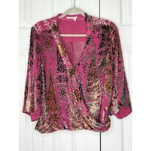 Anthropologie Floreat Japonica Wrap Silk Blend Crushed Velvet Bell Sleeve Blouse